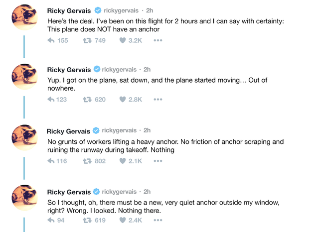 Illustration for article titled Oh No: Ricky Gervais Is Currently Having A Twitter Meltdown Because The Airplane He’s On Does Not Have An Anchor